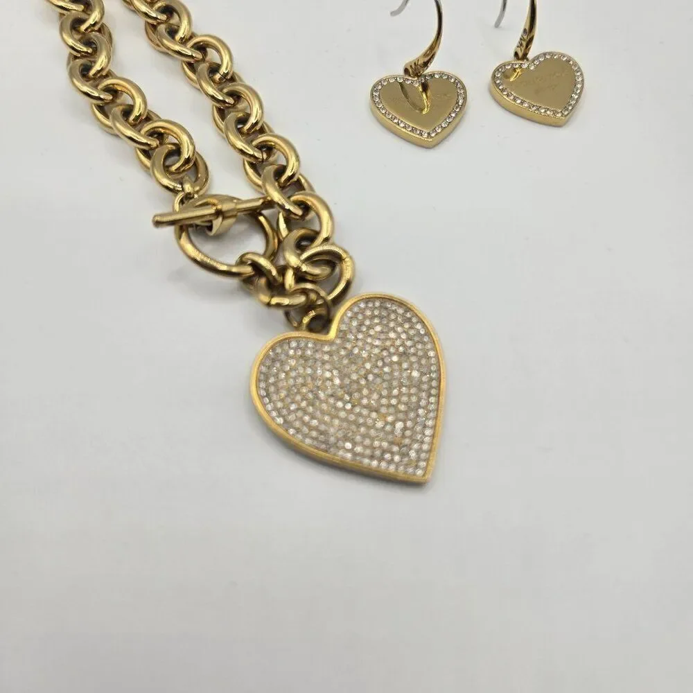 Michael Kors Gold-Tone Heart Charm Bracelet Earrings Rhinestone Accents
